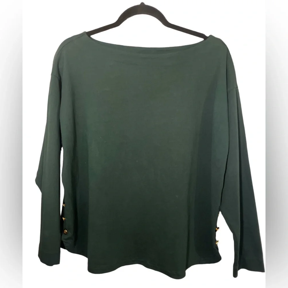Ralph Lauren Dark Green Boatneck Long-Sleeve Top with Side Buttons - Picture 1 of 8
